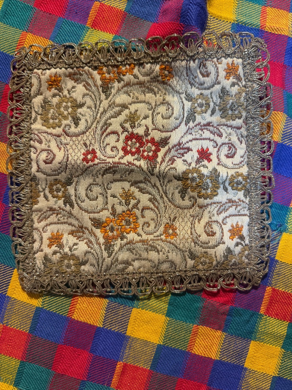 Vintage Tapestry Coaster in Cream with Gold and Red Floral Accents
